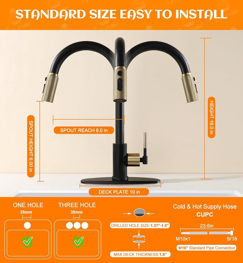 RALANDA Black and Gold Kitchen Faucet for RV & Bar Sink, Stainless Steel Kitchen Faucets with Pull-Down Sprayer Single Handle Gooseneck Design, 1/3 Hole Installation, Matte Black Finish - Image 2